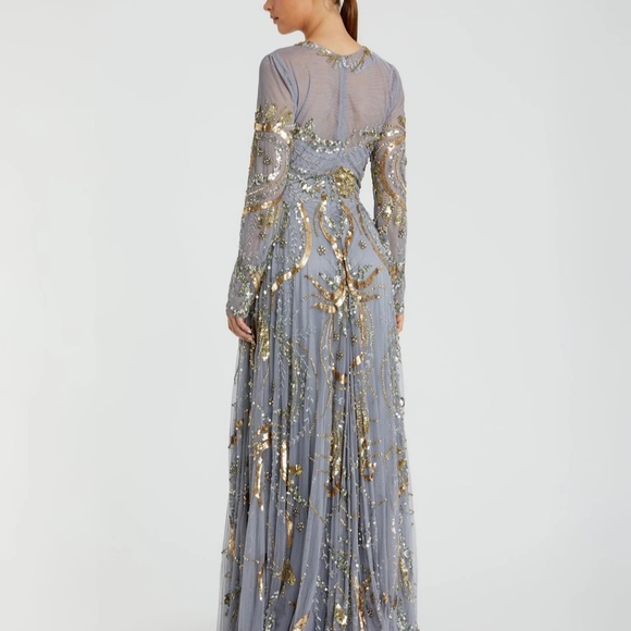 MAC DUGGAL Blue and Gold Long Sleeve Embellished Illusion Evening Gown - Picture 2 of 3